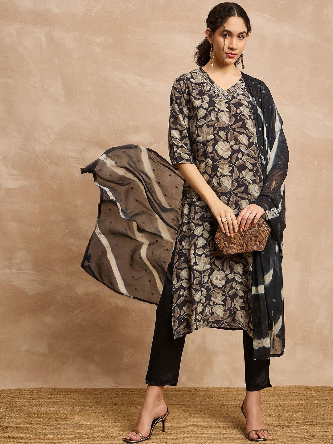 

all about you Black Floral Embroidered V-Neck Kurta with Trousers & Dupatta