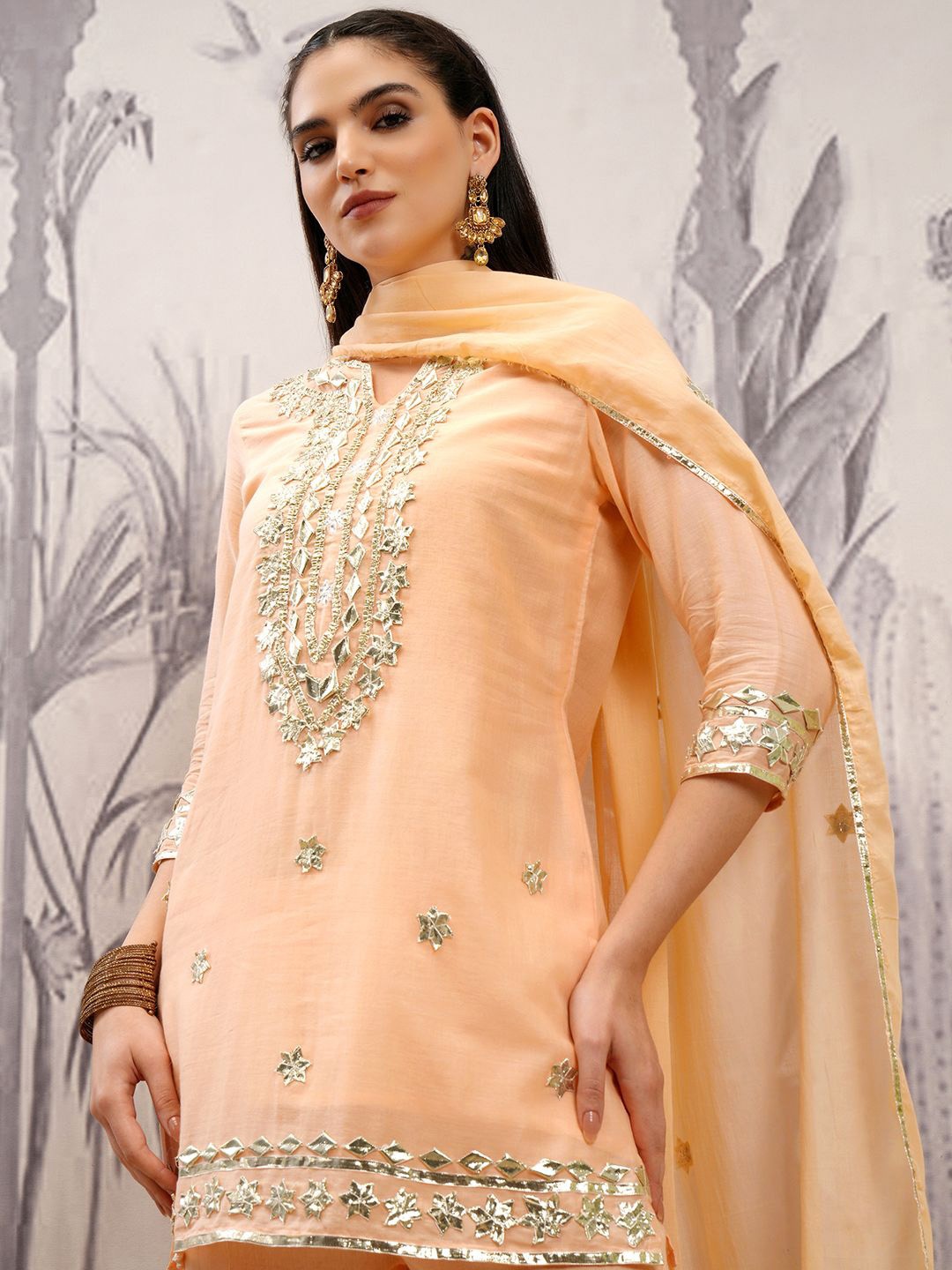 

Vishudh Peach Coloured Floral Embroidered Pure Cotton Straight Kurta & Sharara & Dupatta