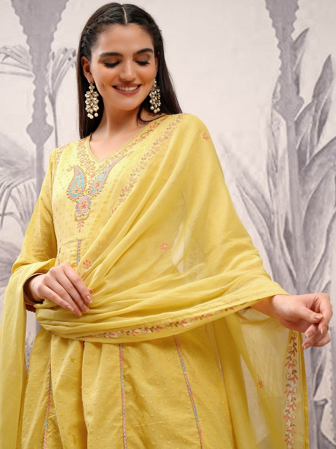 

Vishudh Floral Embroidered Regular Thread Work Pure Cotton Kurta with Trousers & Dupatta, Mustard