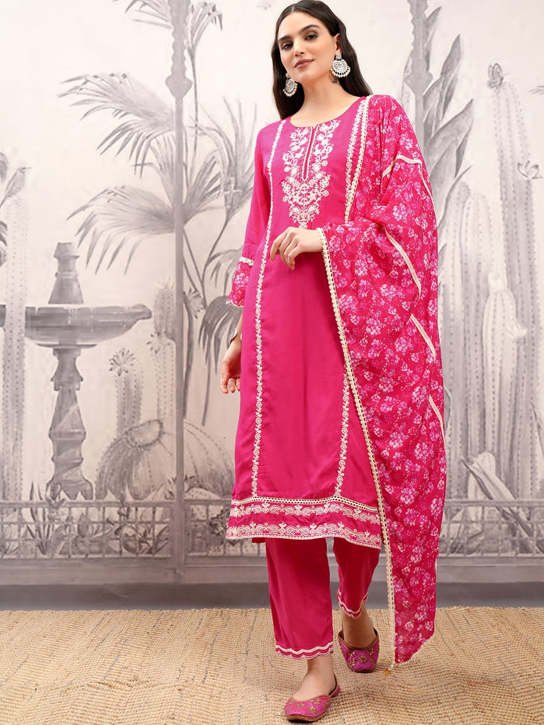 

Vishudh Pink Embroidered Regular Thread Work Kurta with Trousers & Dupatta