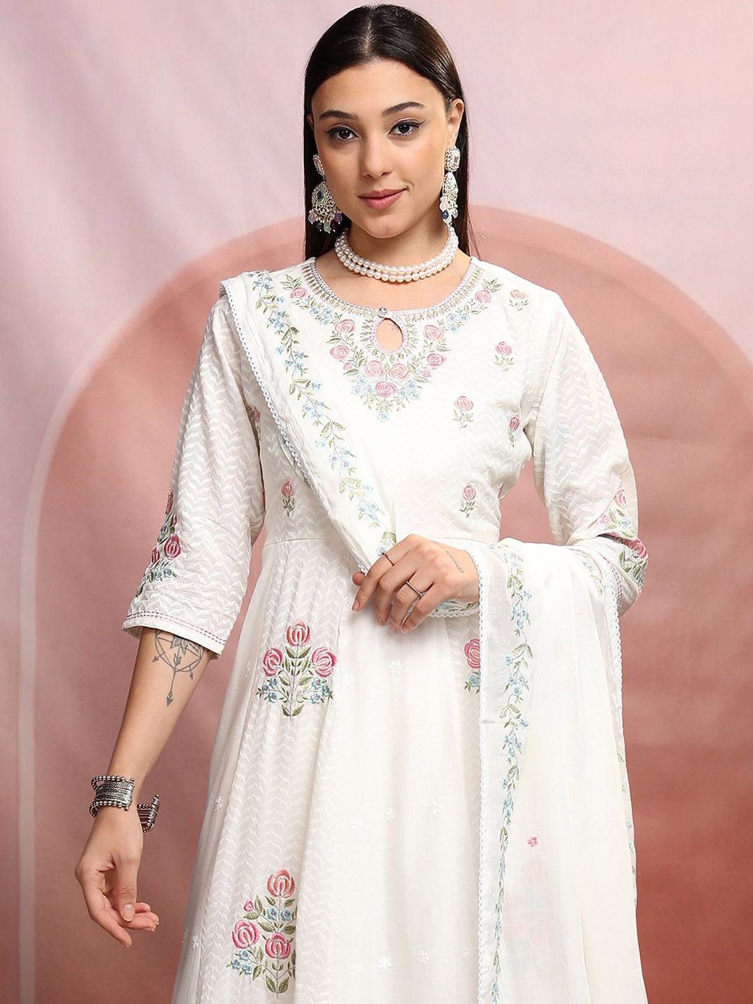 

Vishudh White Embroidered Thread Work Pure Cotton Kurta with Trousers & Dupatta