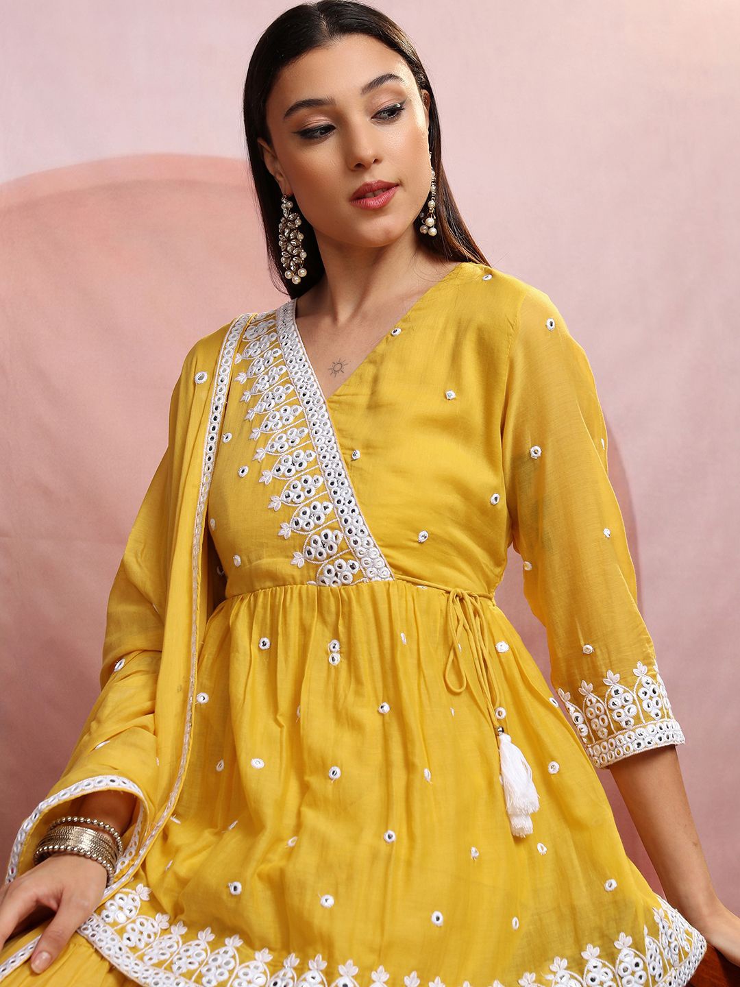 

Vishudh Mustard Yellow V-Neck Embroidered Angrakha Pure Cotton A-Line Kurti Set