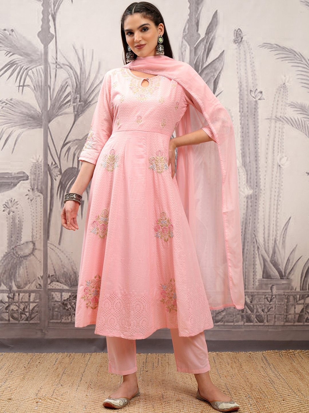 

Vishudh Pink Ethnic Motifs Embroidered Regular Pure Cotton Kurta with Trousers & Dupatta