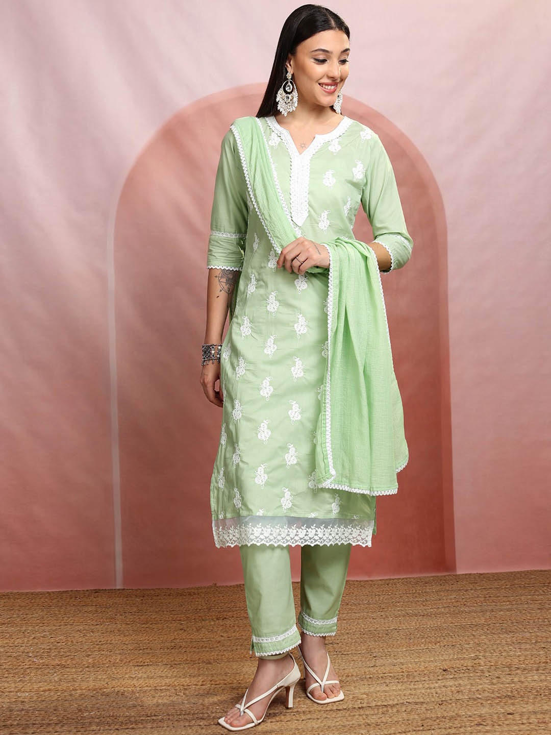 

Vishudh Ethnic Motifs Embroidered Thread Work Pure Cotton Kurta with Trousers & Dupatta, Green