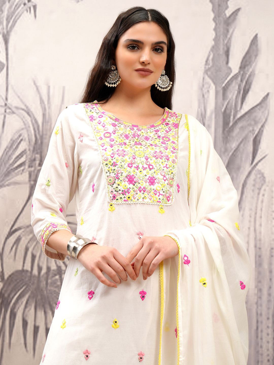 

Vishudh Floral Printed Thread Work Pure Cotton Straight Kurta & Trousers With Dupatta, White