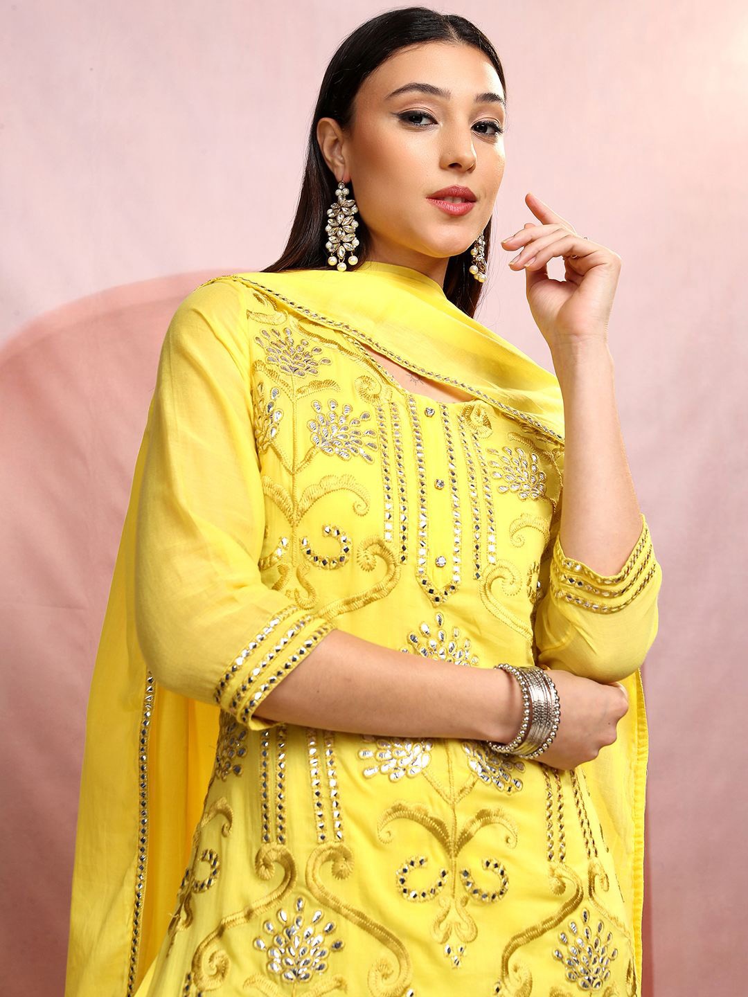 

Vishudh Yellow Ethnic Motifs Embroidered Mirror Work Pure Cotton Straight Kurta Set