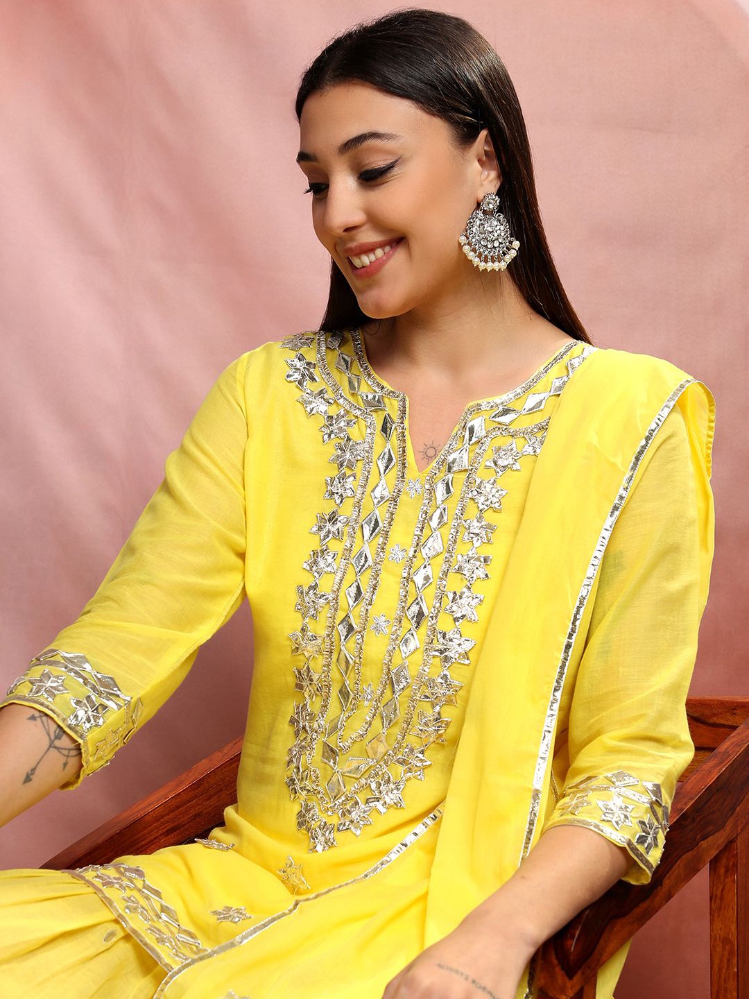 

Vishudh Yellow Ethnic Motifs Embroidered Pure Cotton Straight Kurta & Sharara With Dupatta