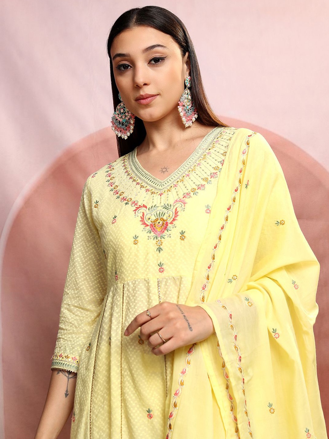 

Vishudh Yellow Embroidered Pure Cotton Anarkali Kurta With Trousers & Dupatta