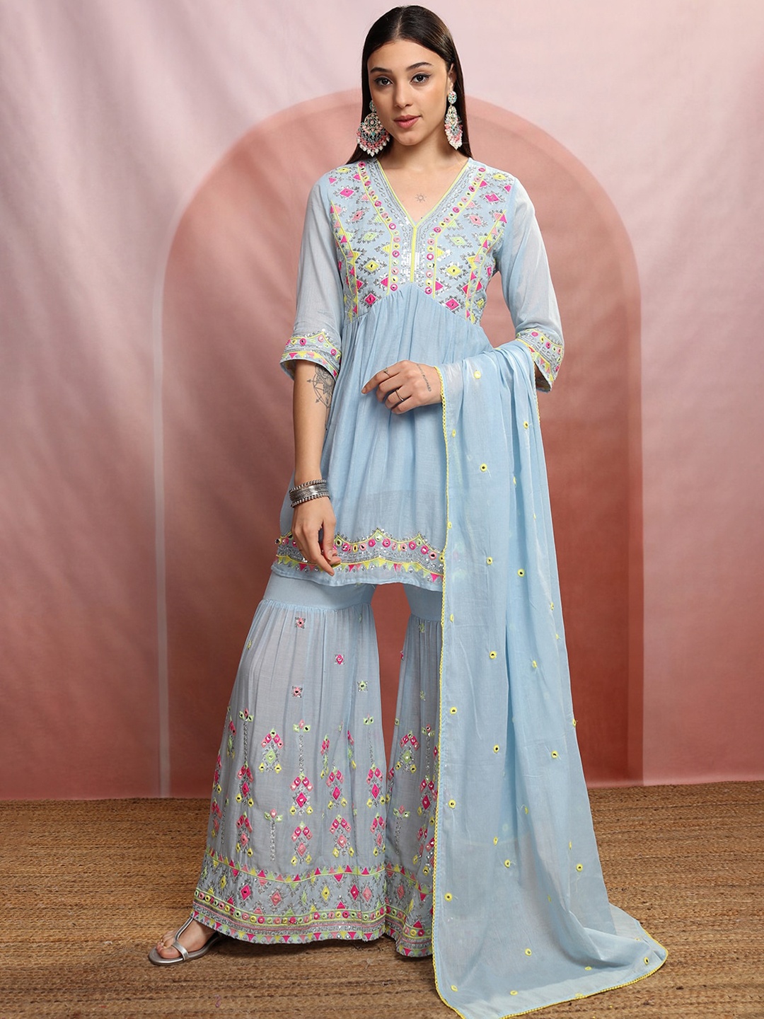 

Vishudh Blue Embroidered Sequinned Pure Cotton A-Line Empire Kurta With Sharara & Dupatta