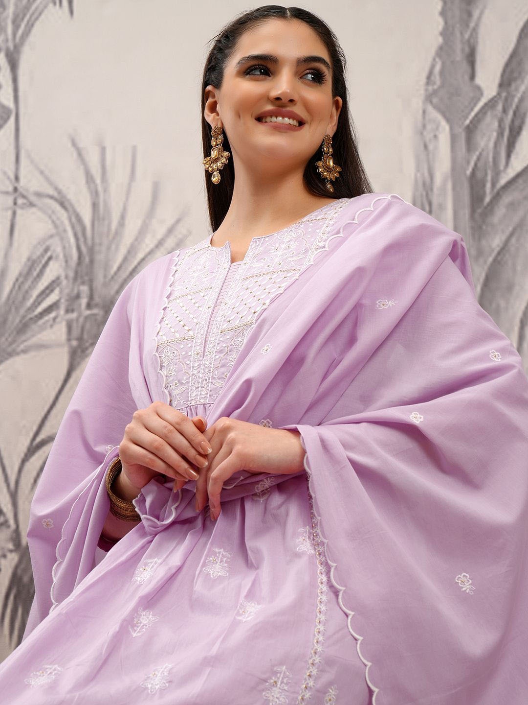 

Vishudh Purple Floral Embroidered Thread Work Pure Cotton Kurta With Trousers & Dupatta