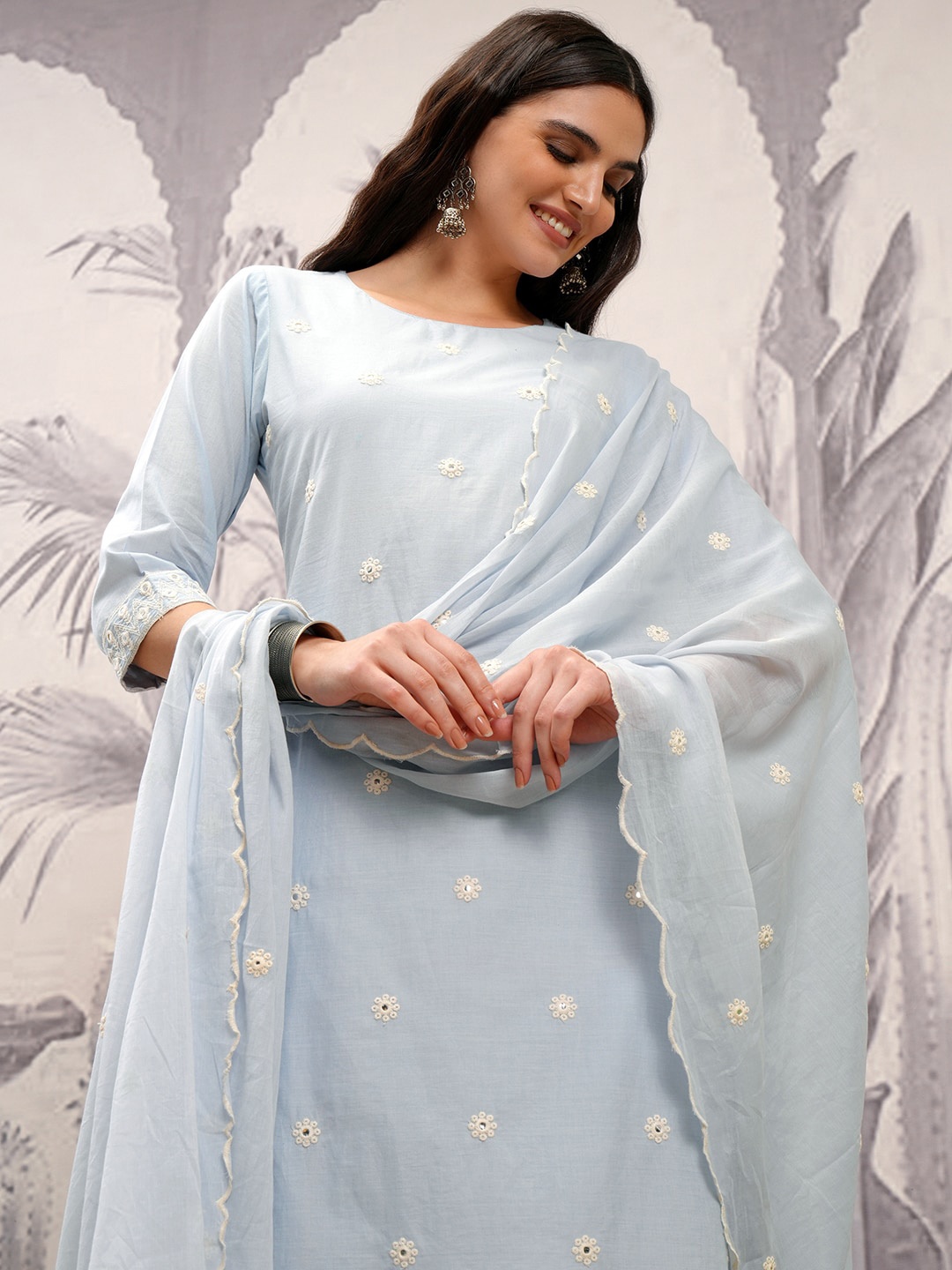 

Vishudh Ethnic Motifs Embroidered Pure Cotton Straight Kurta & Trousers With Dupatta, Blue