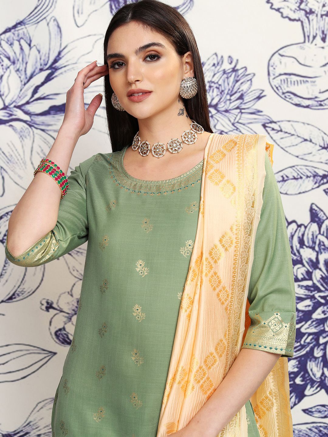 

Vishudh Ethnic Motifs Woven Design Straight Kurta & Palazzos With Dupatta, Green