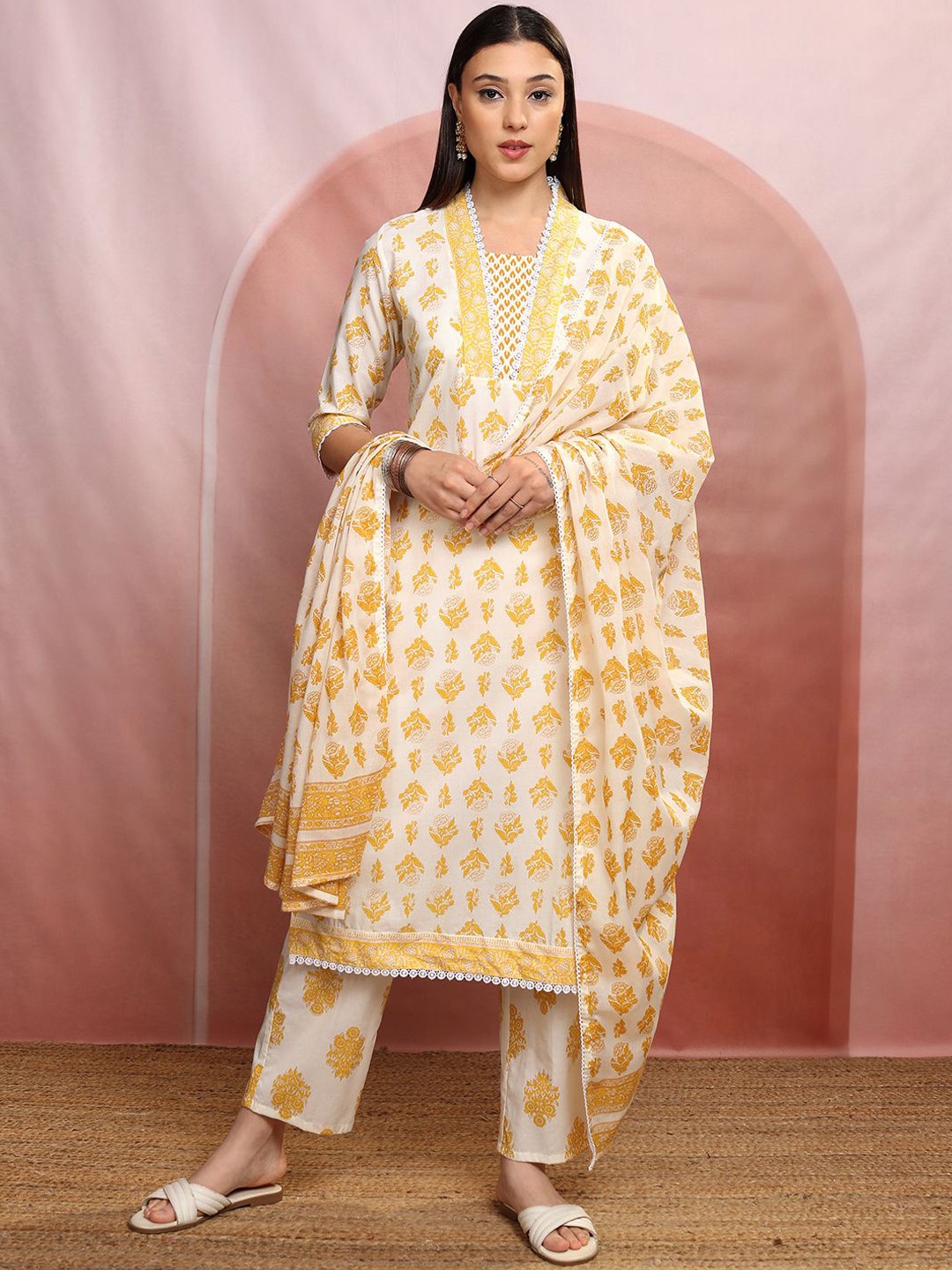 

Vishudh Floral Printed Pure Cotton Straight Kurta & Trousers With Dupatta, Cream