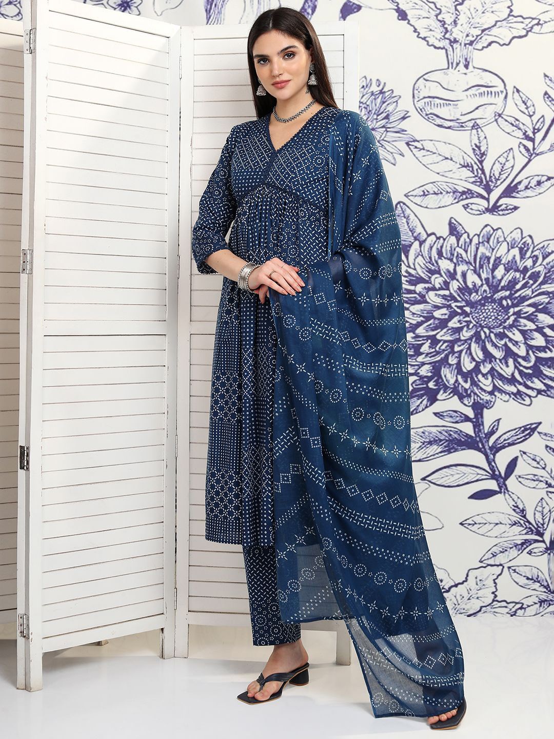 

Vishudh Navy Blue Bandhani Printed Pure Cotton Kurta with Trousers & Dupatta