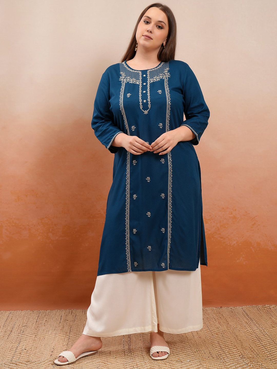 

Vishudh Plus Size Ethnic Motifs Embroidered Thread Work Straight Kurta, Blue