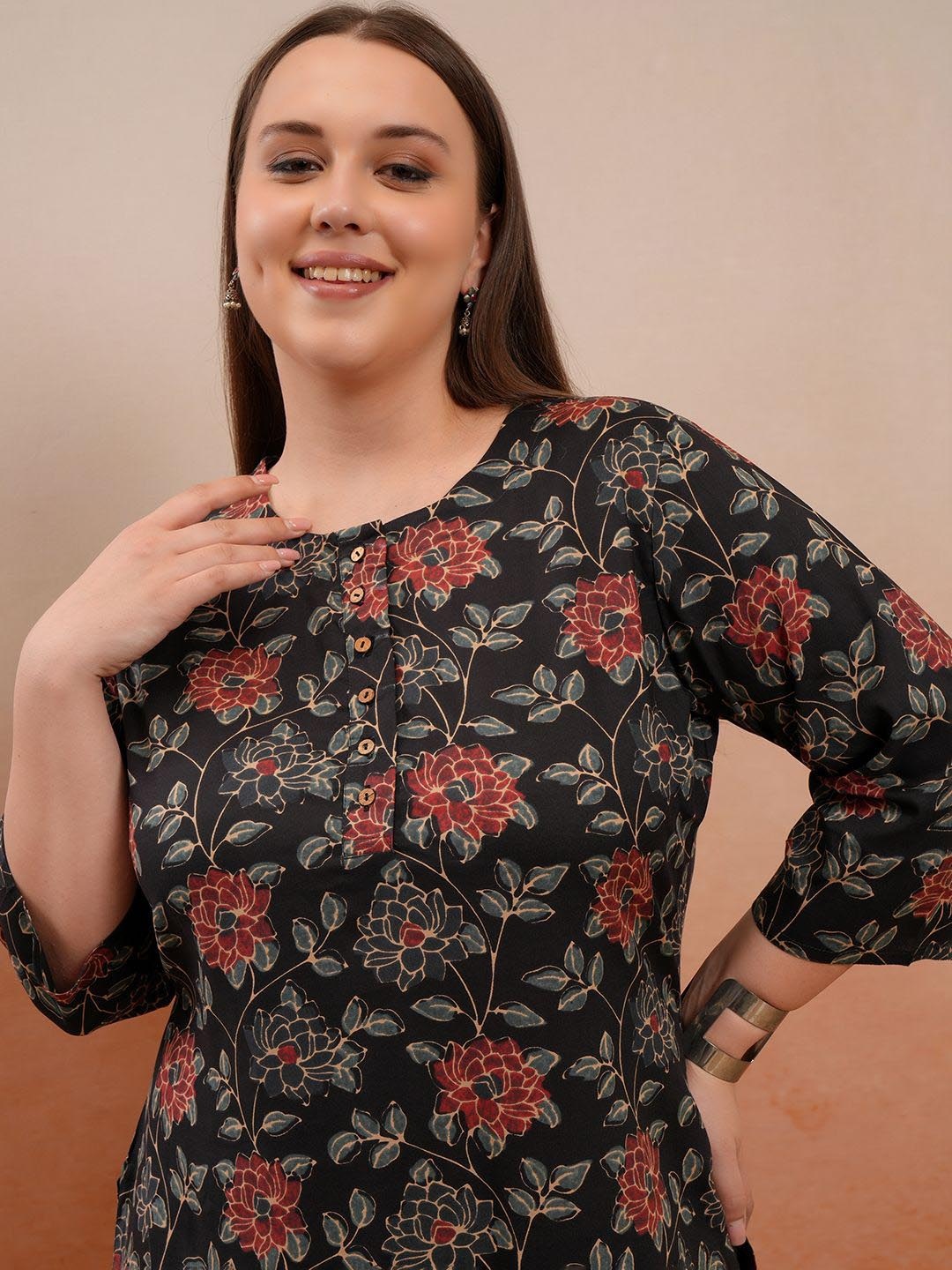

Vishudh Plus Size Floral Printed Round Neck Straight Kurta, Black