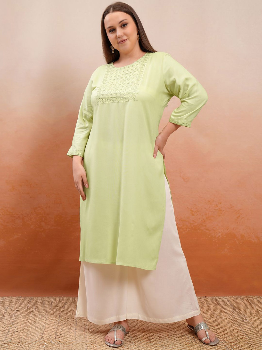 

Vishudh Plus Size Green Floral Yoke Design Thread Work Straight Kurta