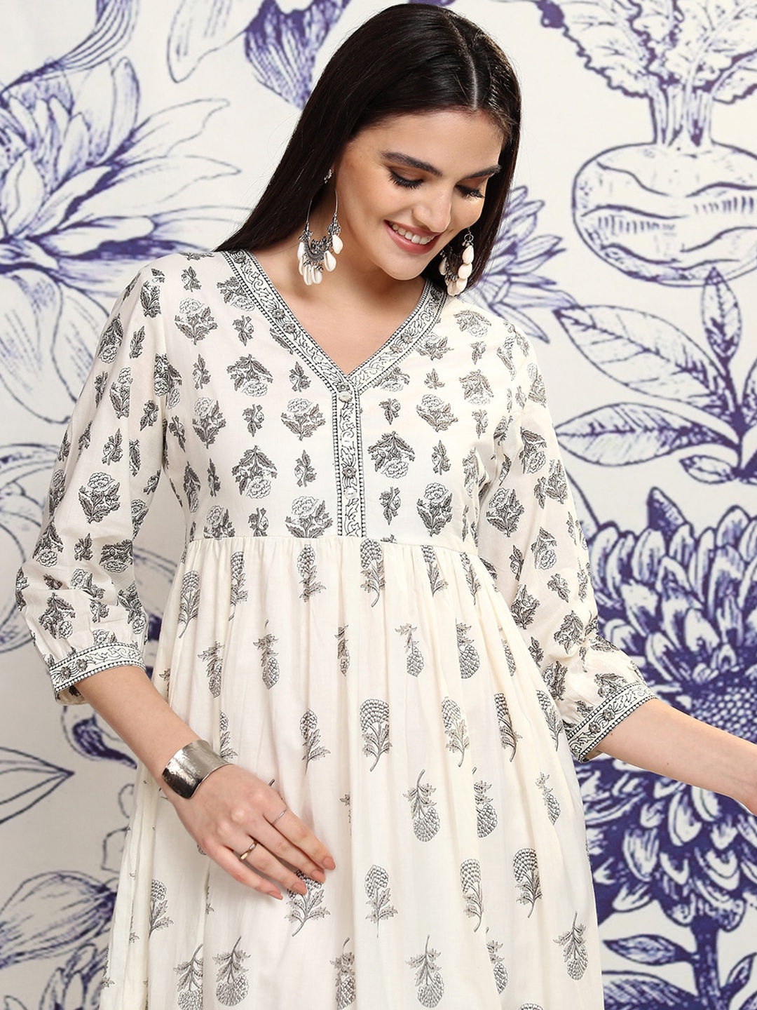 

Vishudh Cream Floral Printed Cotton A-Line Midi Dress