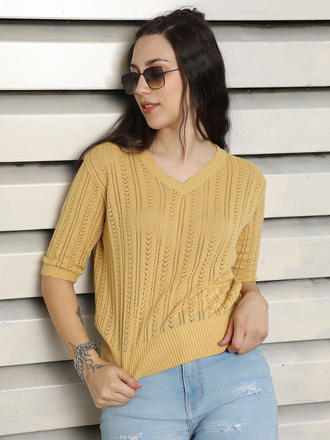 

High Star V-Neck crochet Cotton Top, Yellow