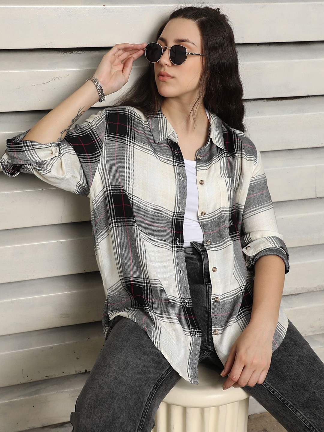 

High Star Classic Tartan Checks Spread Collar Cotton Oversized Casual Shirt, Black