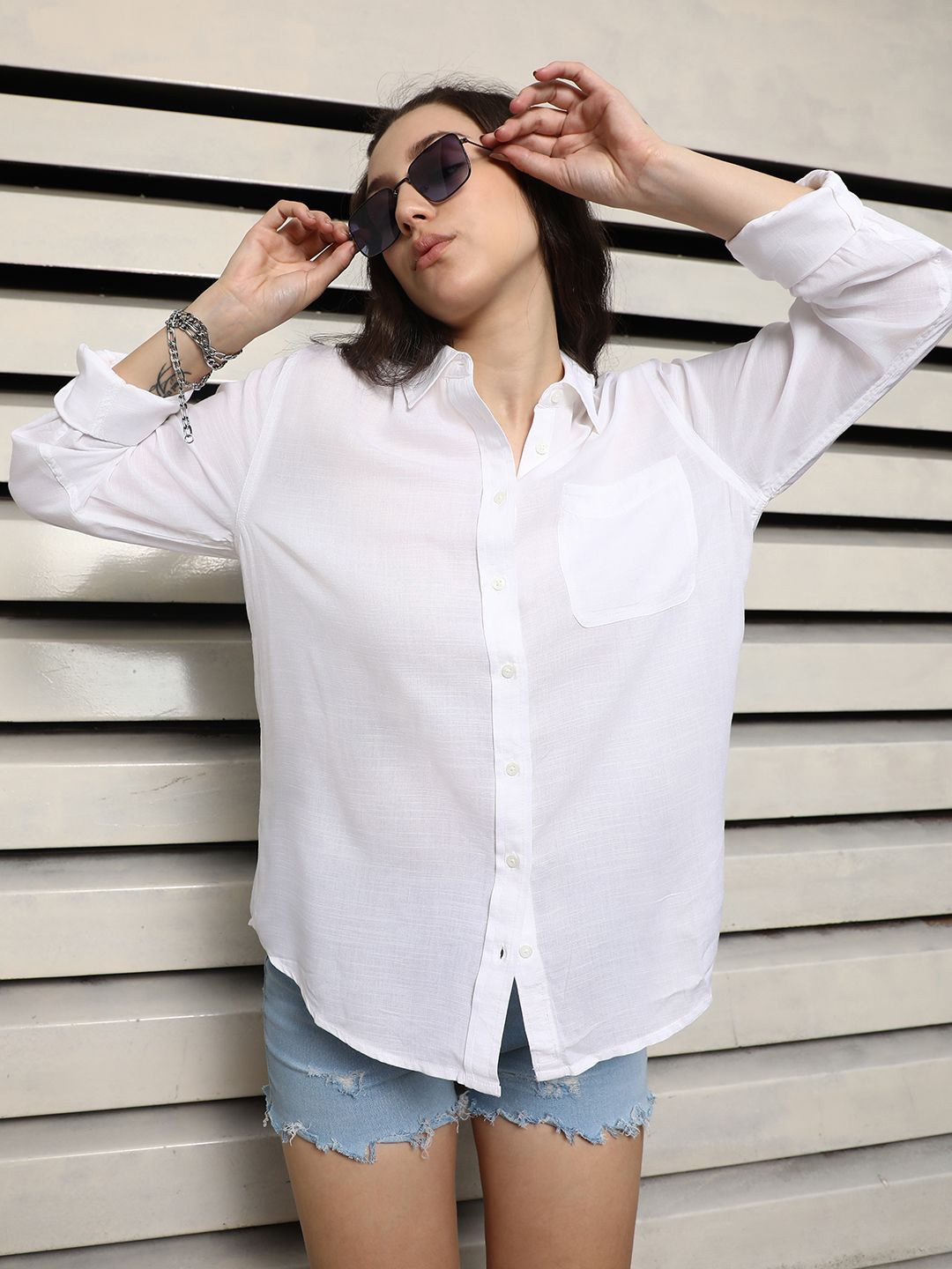 

High Star Classic Spread Collar Cotton Oversized Casual Shirt, White