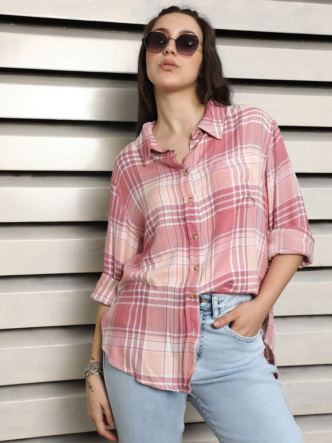 

High Star Classic Tartan Checks Spread Collar Cotton Oversized Casual Shirt, Pink