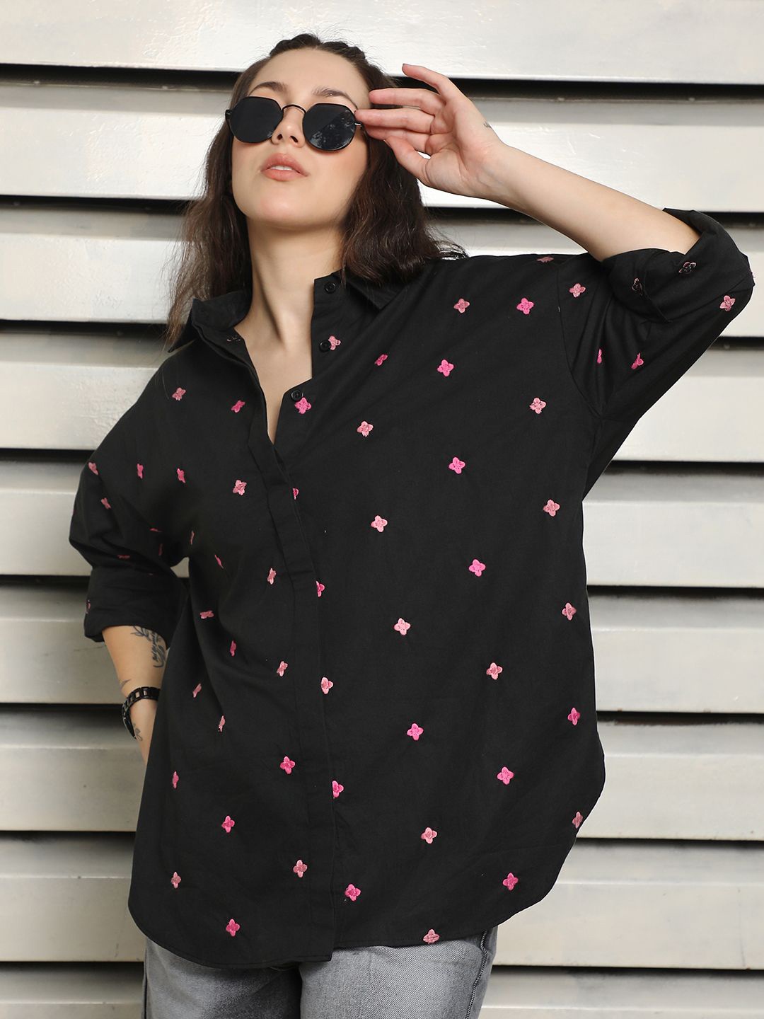 

High Star Oversized Fit Spread Collar Cotton Embroidered Casual Shirt, Black