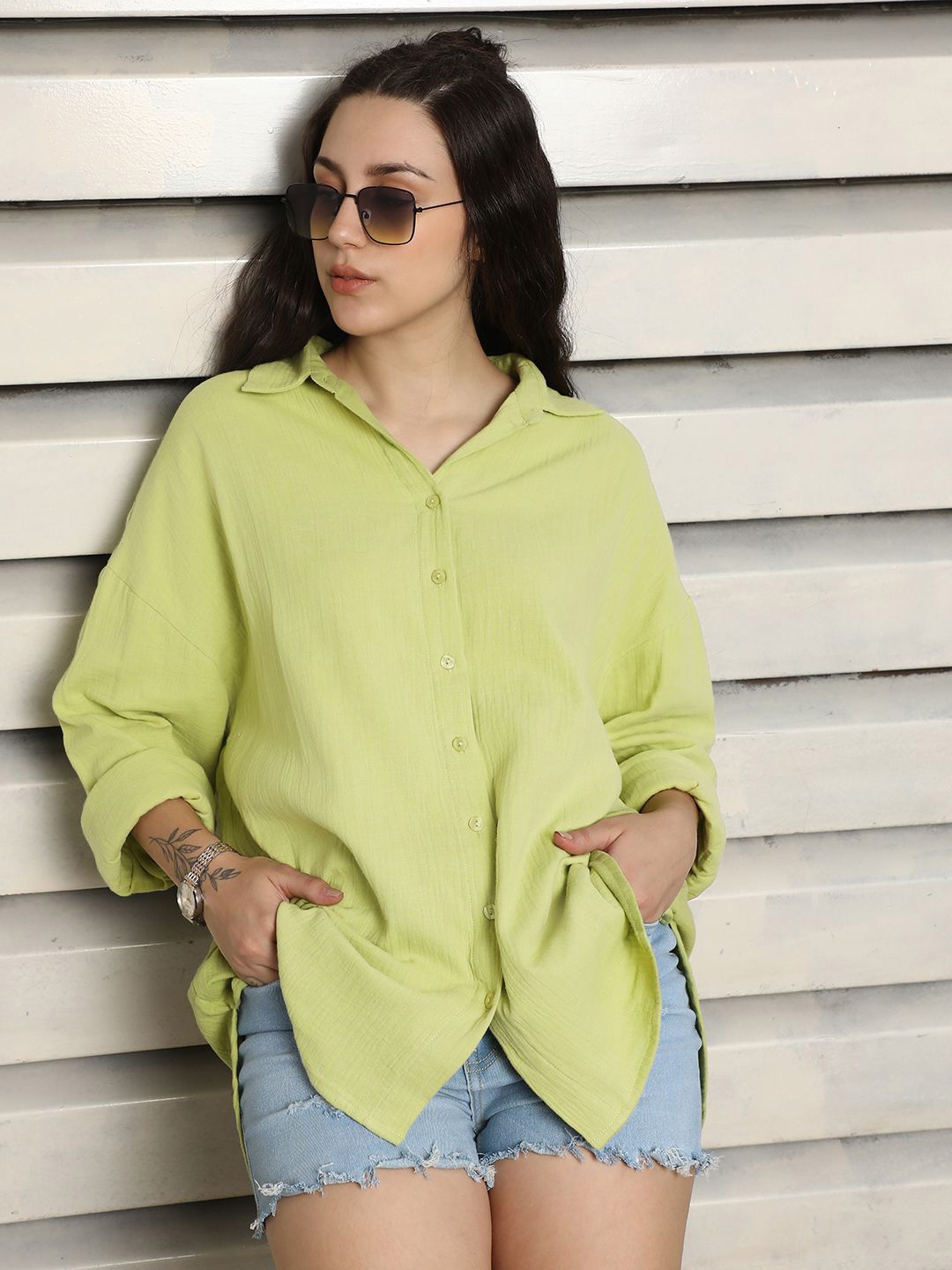 

High Star Classic Spread Collar Oversized Fit Cotton Casual Shirt, Green