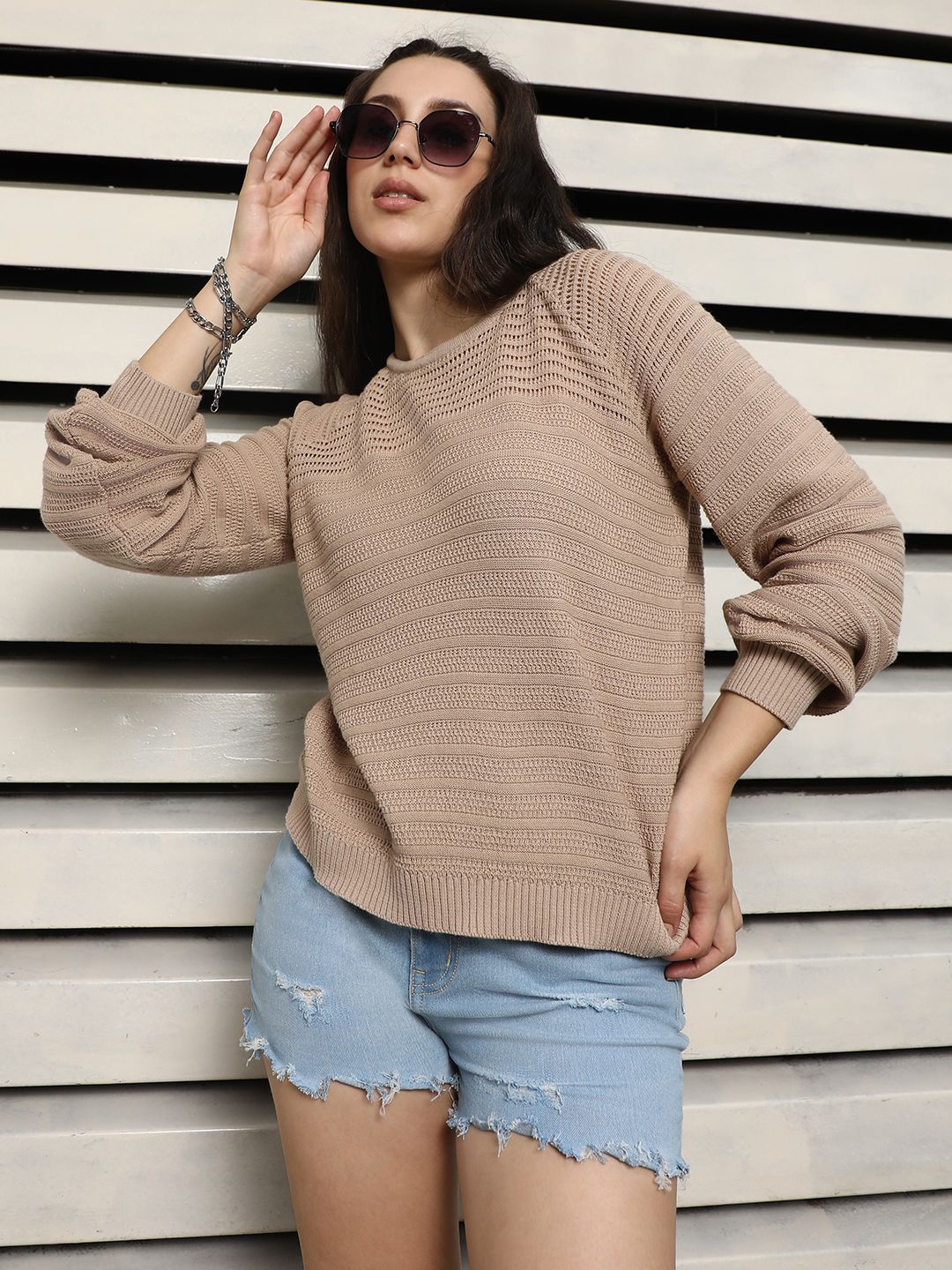 

High Star Bell Sleeve Cotton Crochet Top, Brown