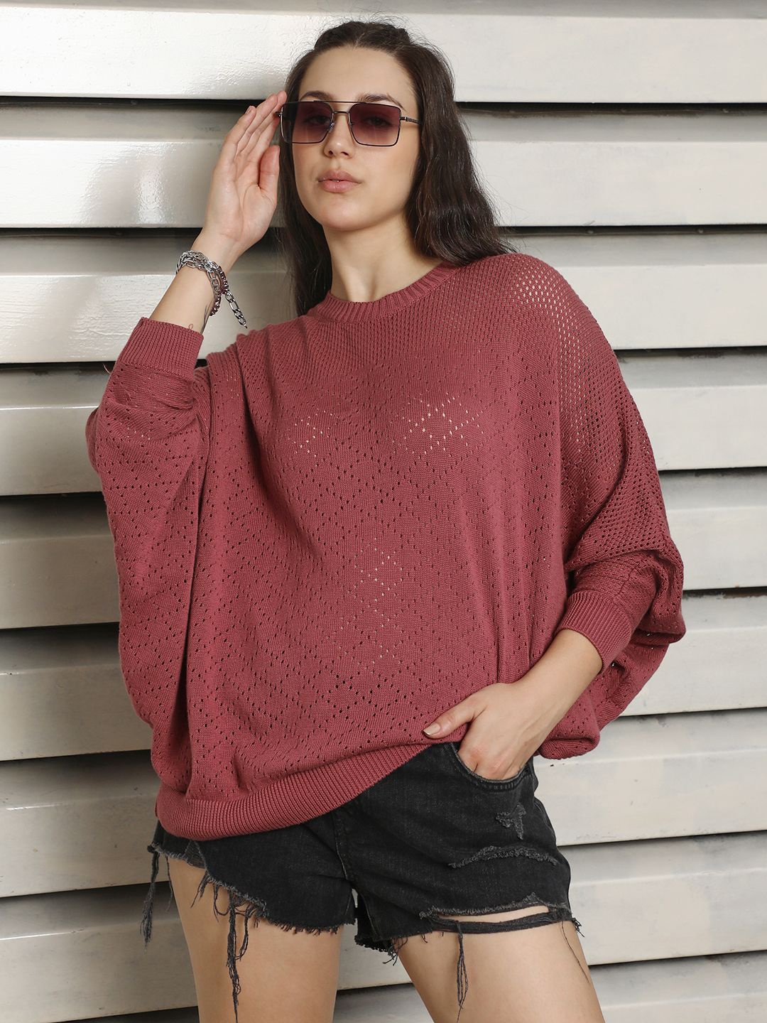 

High Star Cotton Crochet Batwing Sleeve Top, Pink