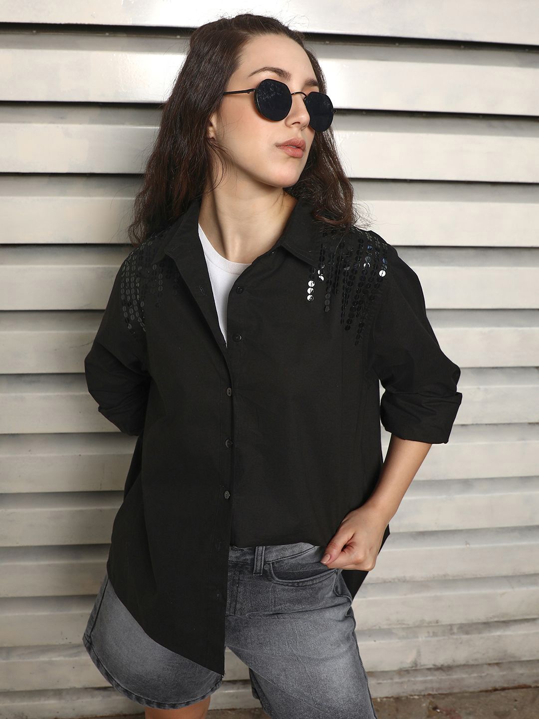 

High Star Classic Spread Collar Oversized Cotton Casual Shirt, Black