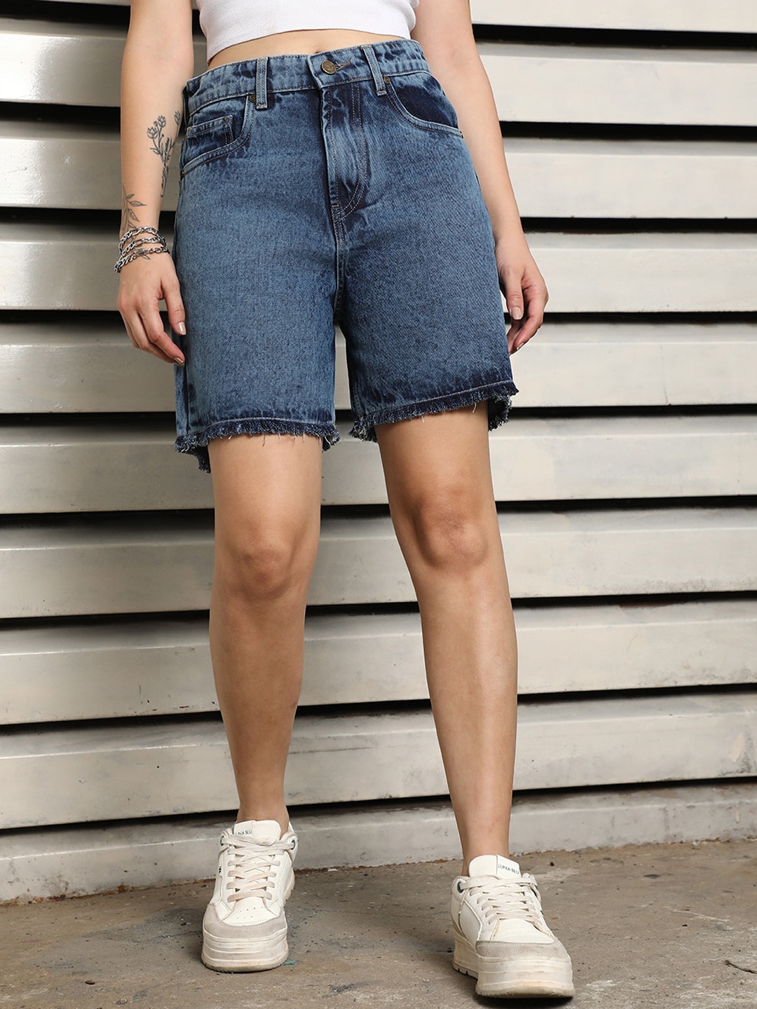 

High Star Women Boyfriend Fit Washed High-Rise Cotton Denim Shorts, Blue