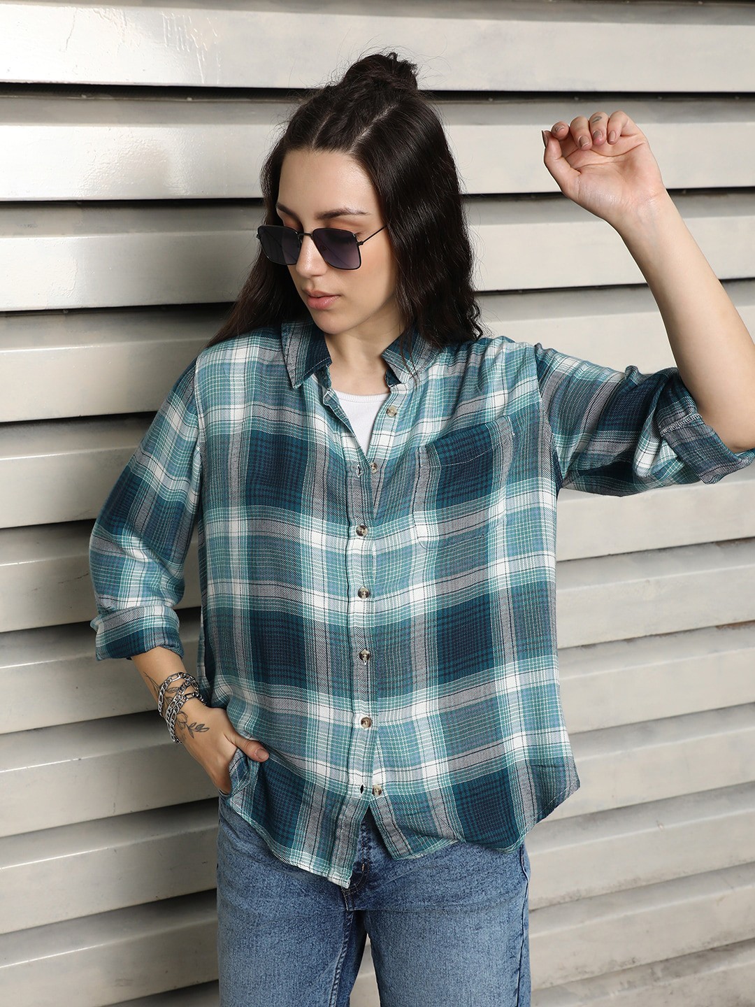 

High Star Classic Button-Down Collar Checked Cotton Casual Shirt, Teal