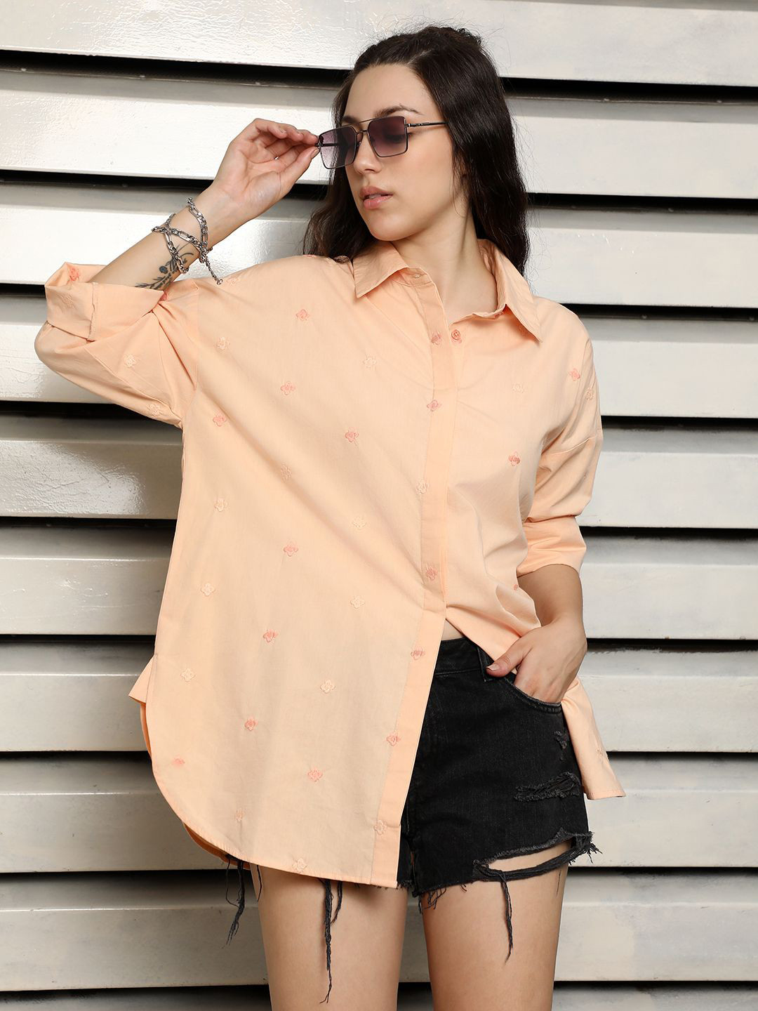 

High Star Oversized Fit Spread Collar Cotton Embroidered Casual Shirt, Orange