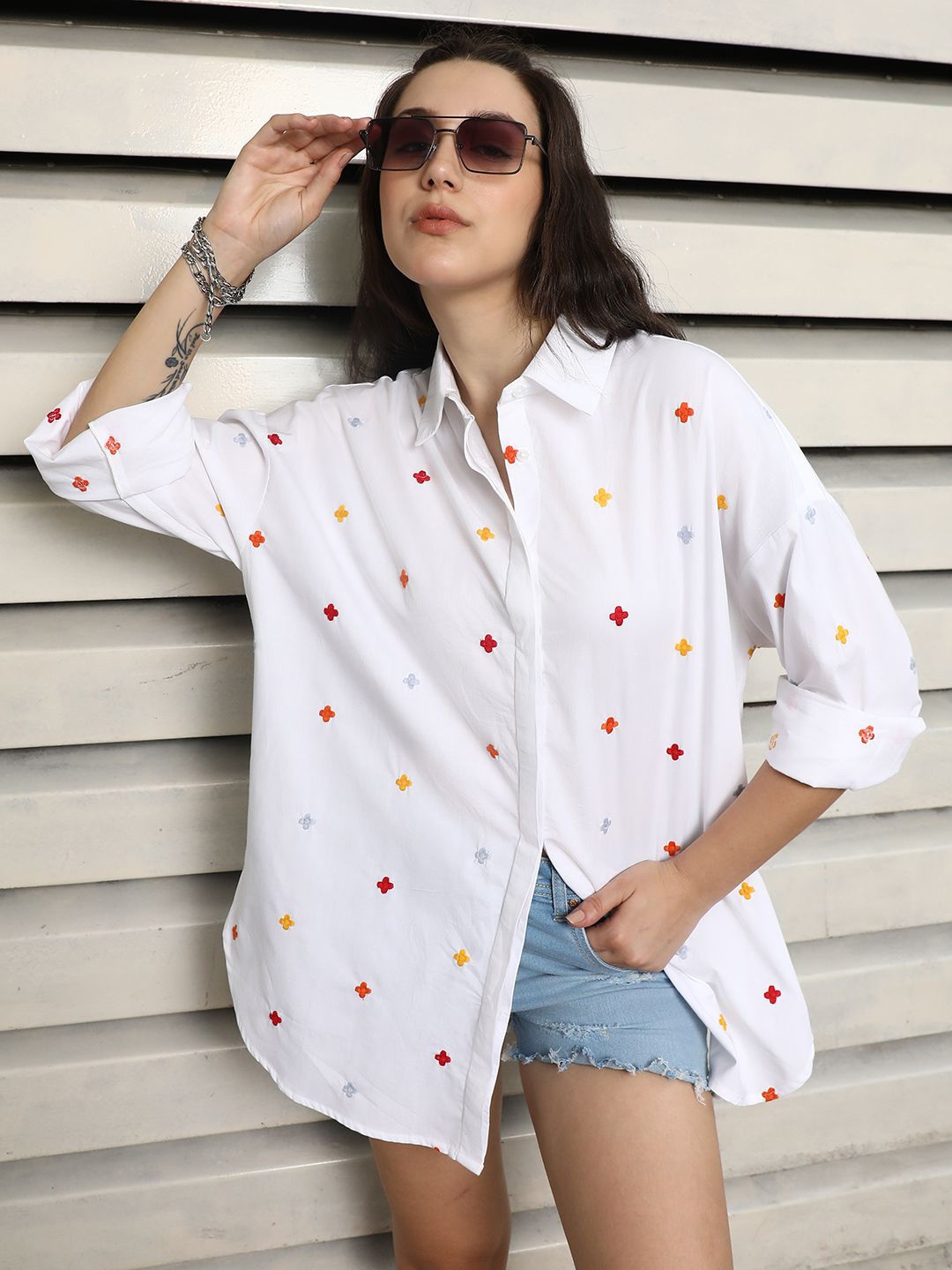 

High Star Oversized Fit Spread Collar Cotton Embroidered Casual Shirt, White