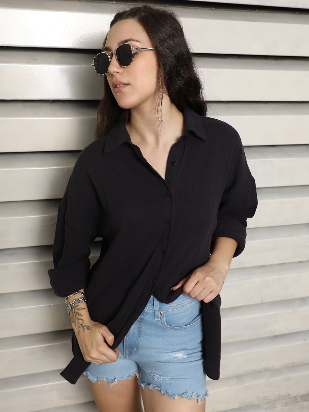 

High Star Classic Spread Collar Pure Cotton Relaxed Fit Casual Shirt, Black
