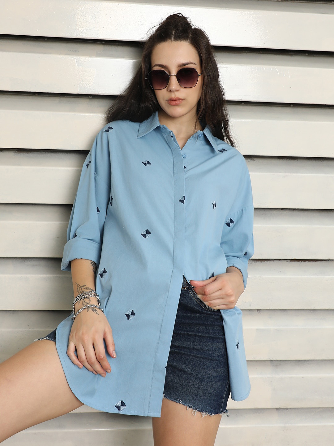 

High Star Oversized Fit Spread Collar Cotton Embroidered Casual Shirt, Blue