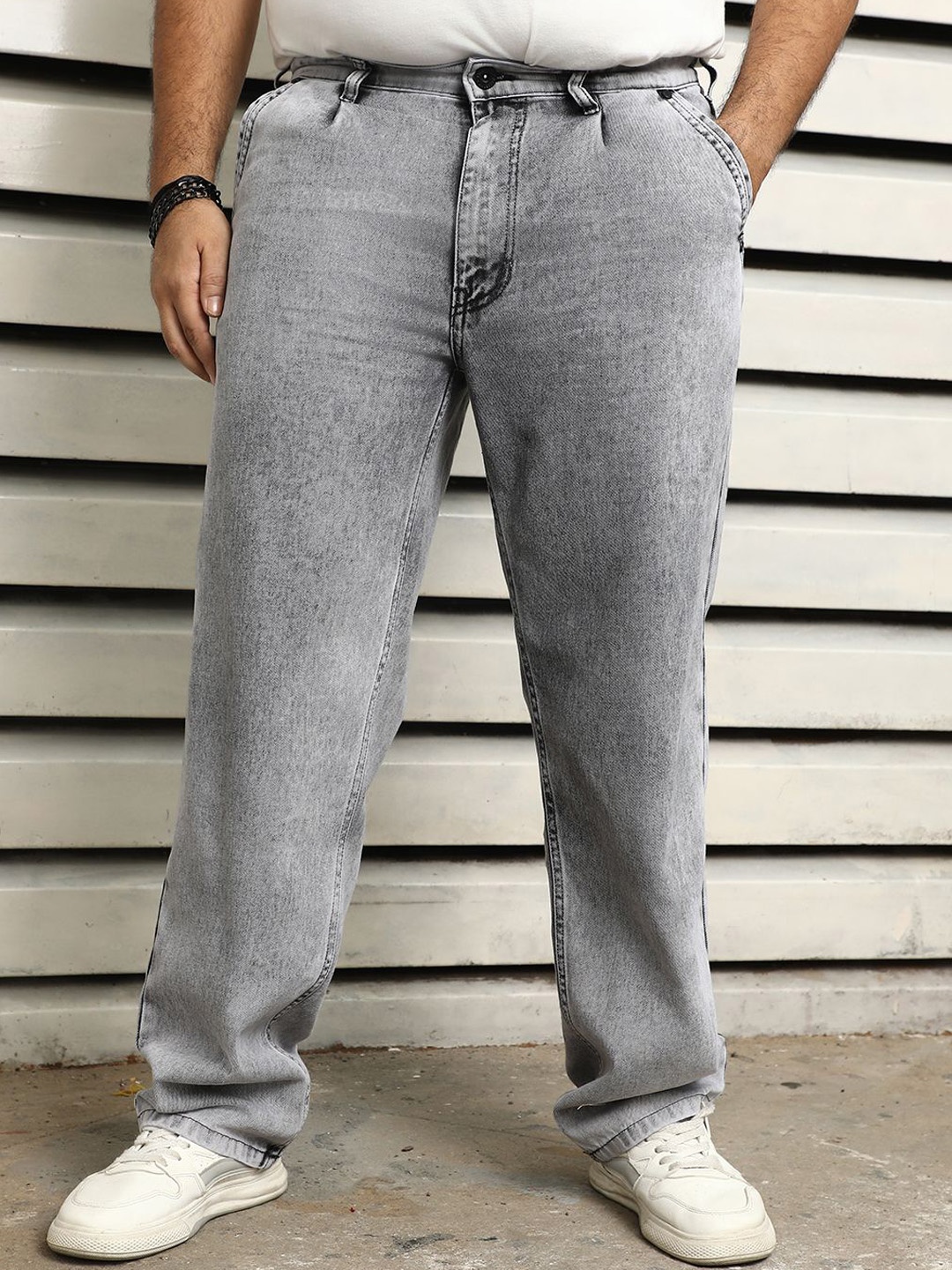 

Freeform by High Star Plus Size Men Straight Fit Clean Look Heavy Fade Pure Cotton Jeans, Grey