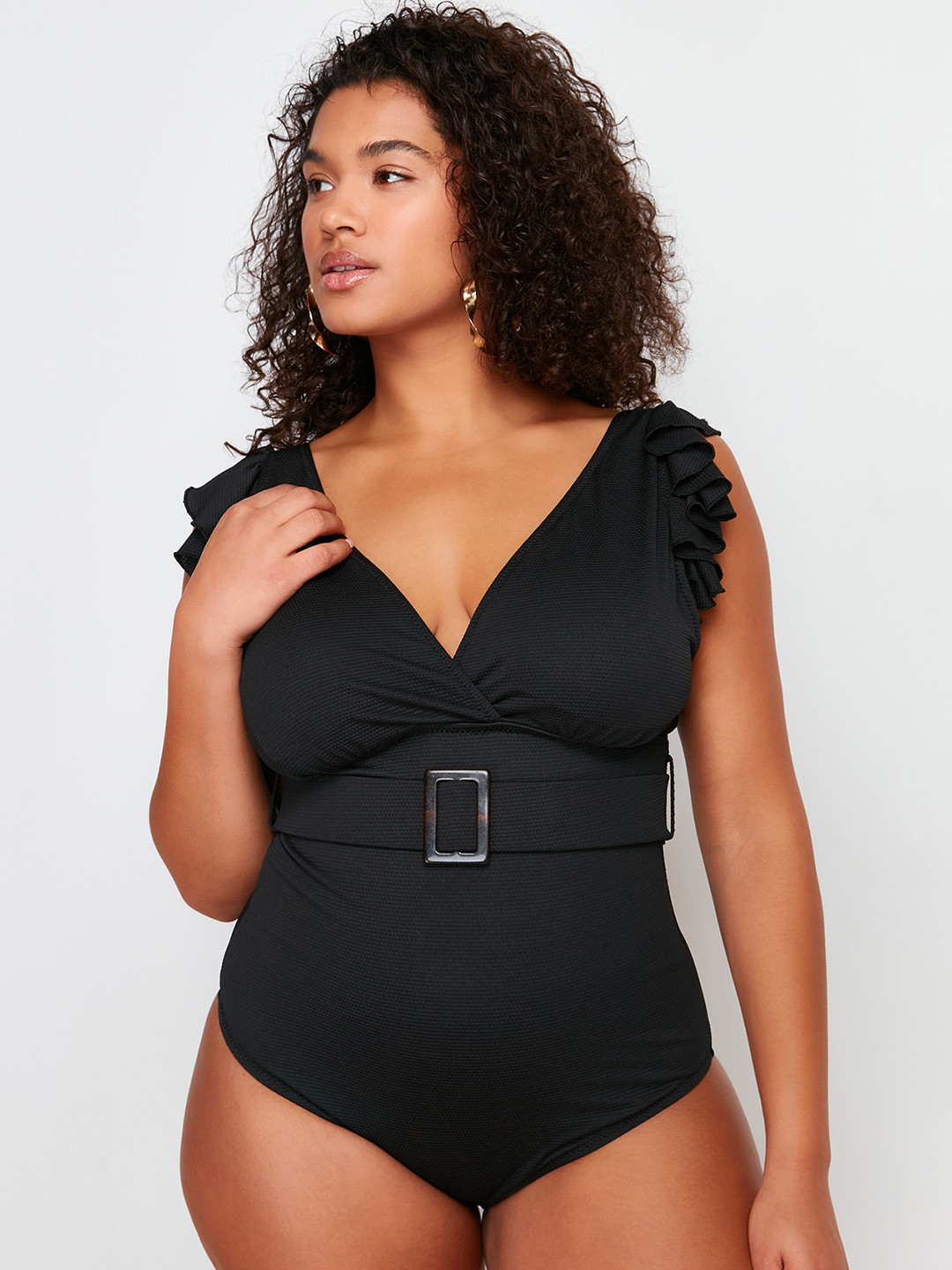 

Trendyol Plus Size Ruffled Full Coverage Bodysuit, Black