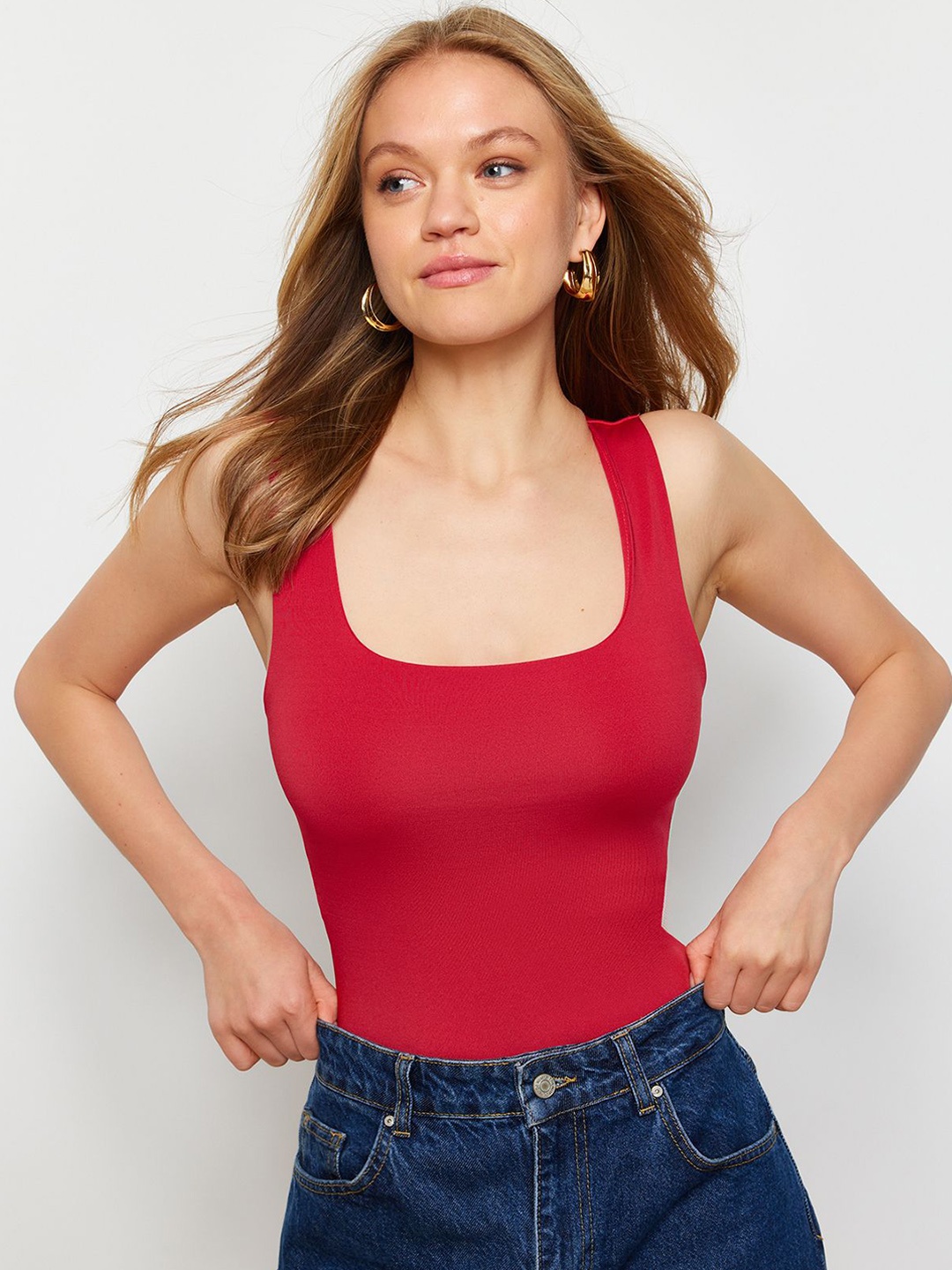 

Trendyol Square Neck Sleeveless Bodysuit, Red