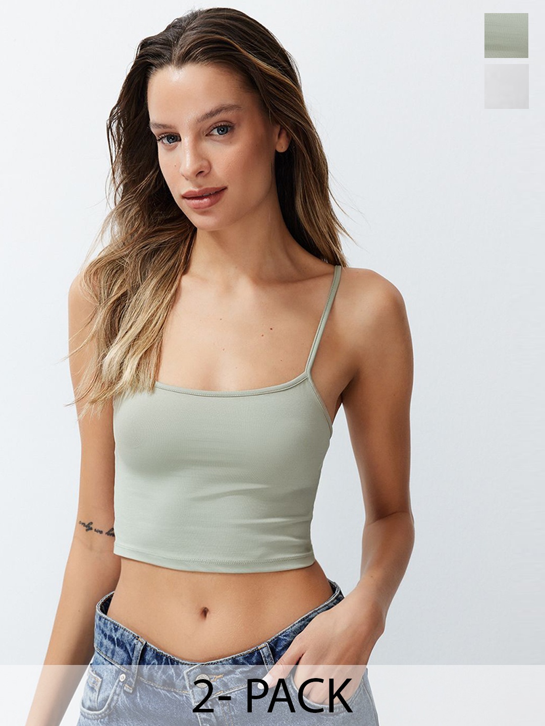 

Trendyol Pack Of 2 Crop Shoulder Straps Non Padded Cropped Camisoles, White