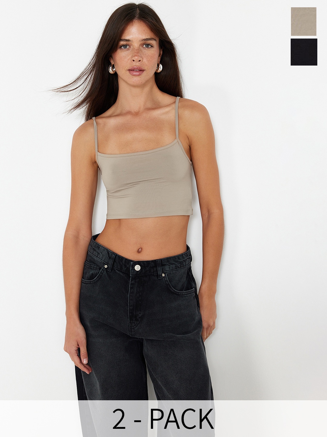

Trendyol Pack of 2 Sleeveless Crop Camisoles, Black