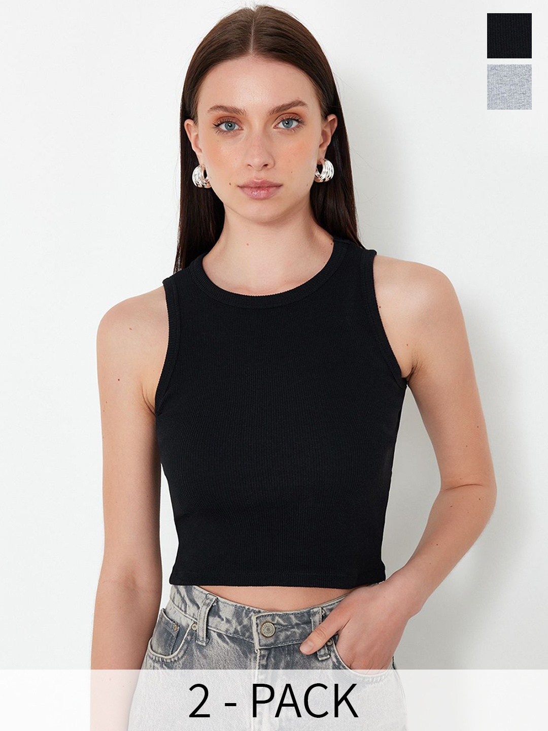 

Trendyol Pack Of 2 Round Neck Tank Crop Tops, Black