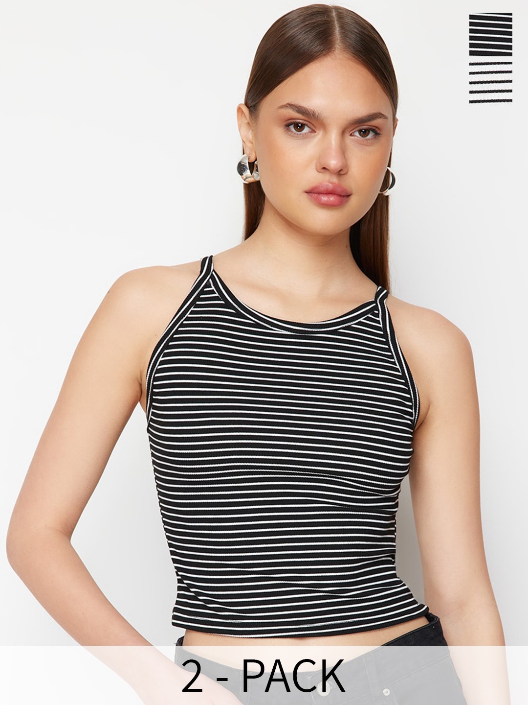 

Trendyol Pack Of 2 Striped Shoulder Straps Camisoles, Black