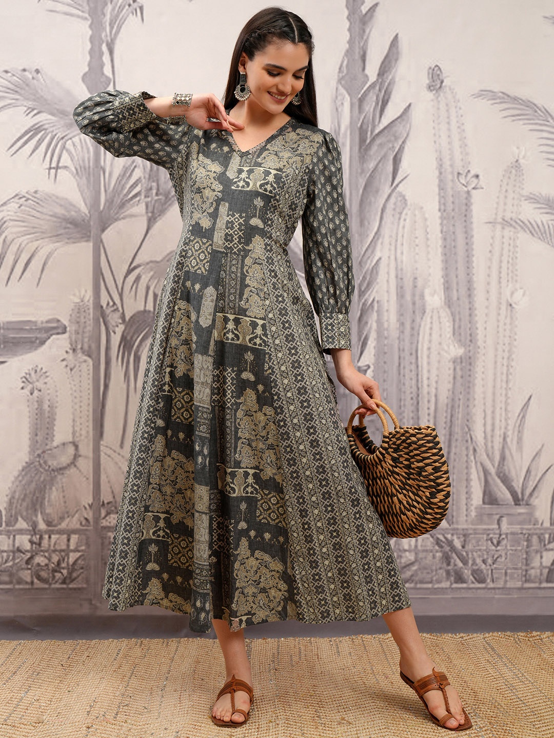 

Vishudh Ethnic Motifs Printed V-Neck Puff Cuffed SleevesCotton A-Line Midi Dress, Grey