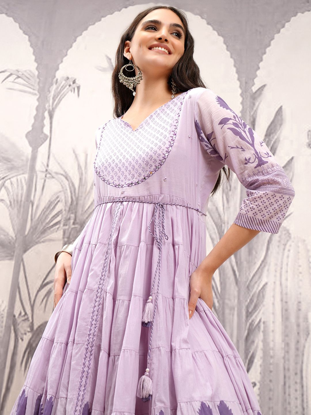 

Vishudh Lavender Ethnic Motifs Printed Notch Neck Gathered Cotton Midi Fit & Flare Dress