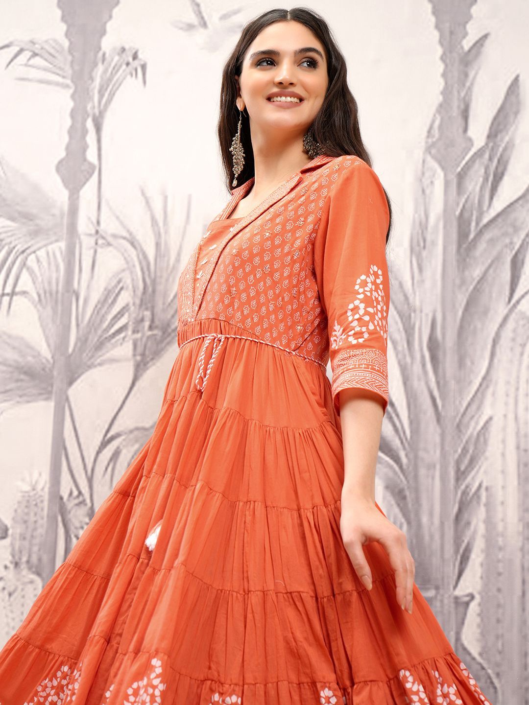 

Vishudh Ethnic Motifs Printed Cotton Empire Midi Dress, Orange