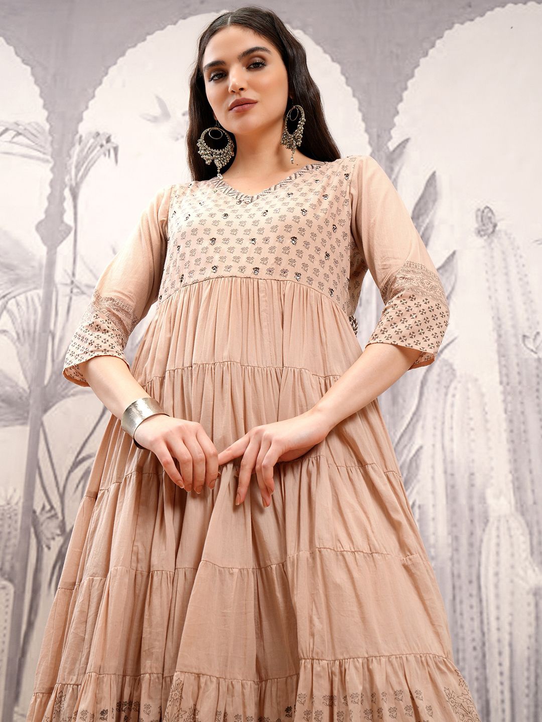 

Vishudh Brown Ethnic Motifs Printed Gathered Tiered Cotton Maxi Fit & Flare Dress
