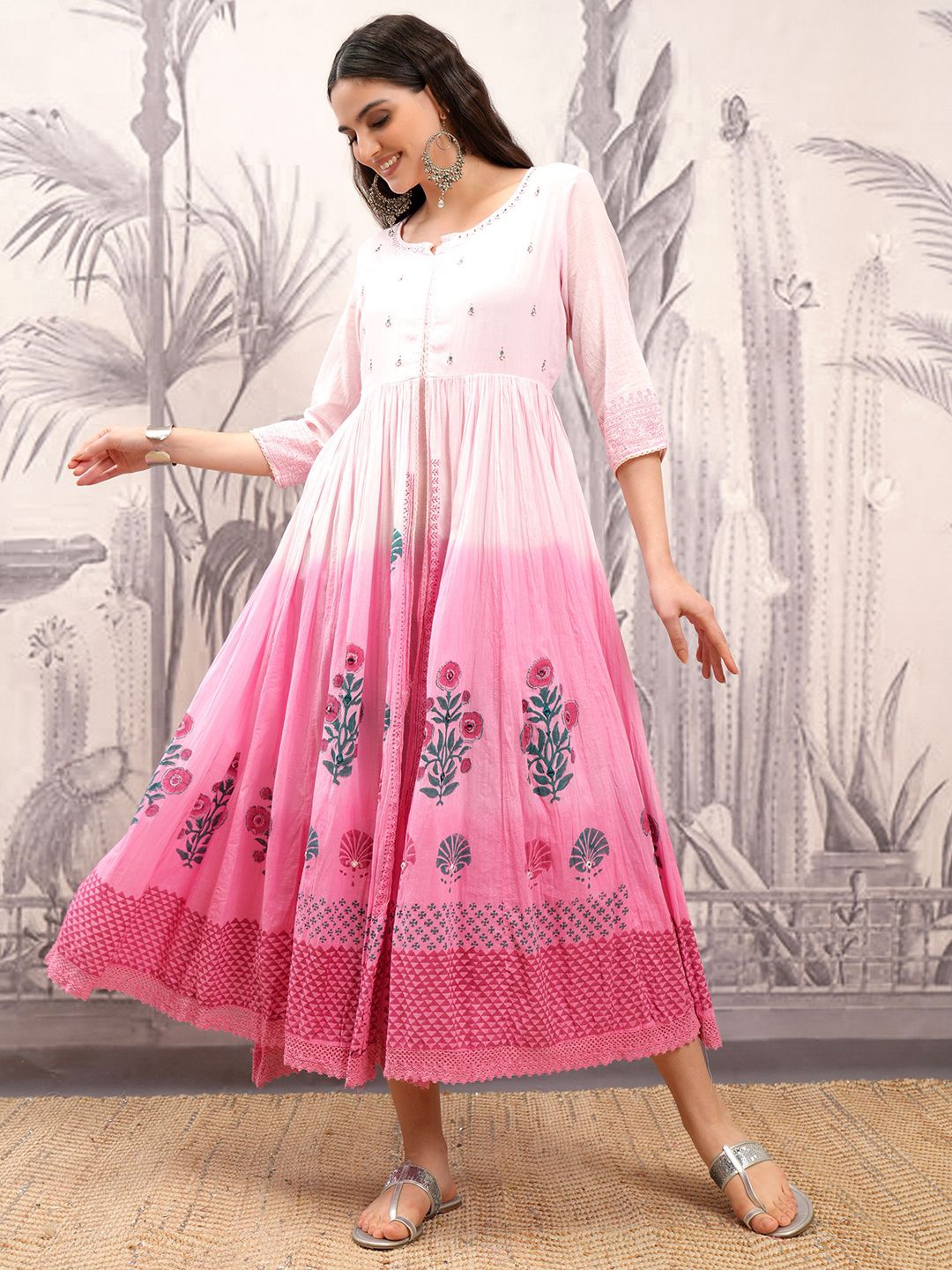 

Vishudh Ethnic Motifs Printed Gathered Cotton Maxi Fit & Flare Dress, Pink