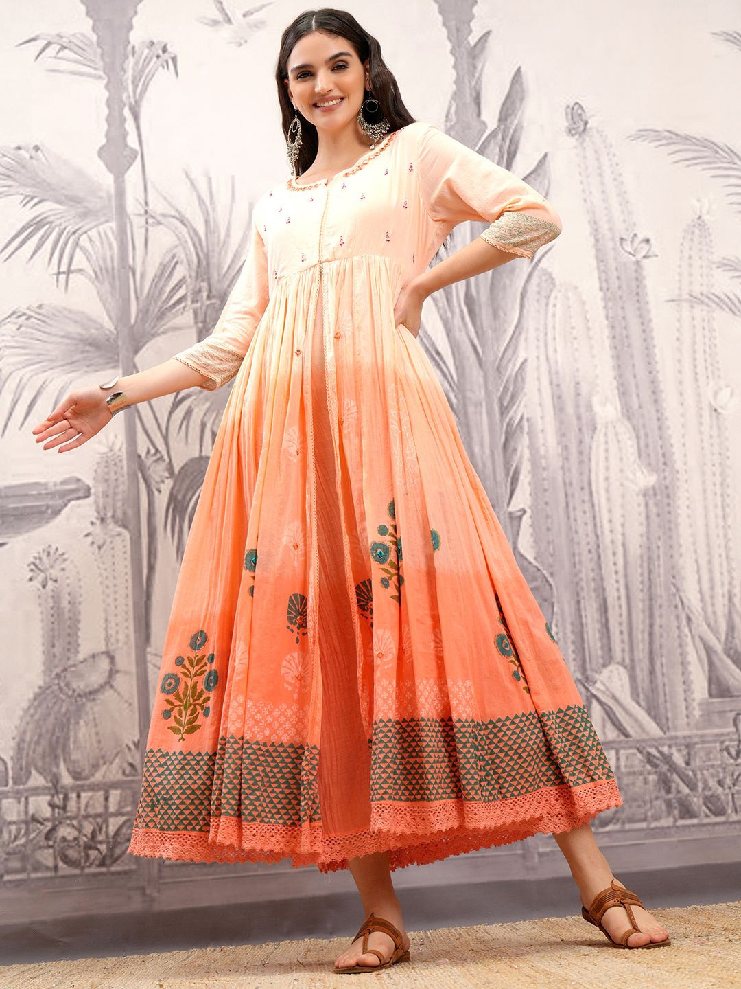 

Vishudh Peach Ethnic Motifs Printed Gathered Cotton Maxi Fit & Flare Dress